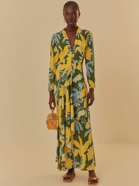 Farm Rio Foliage Sketch Green V Neck Maxi Dress